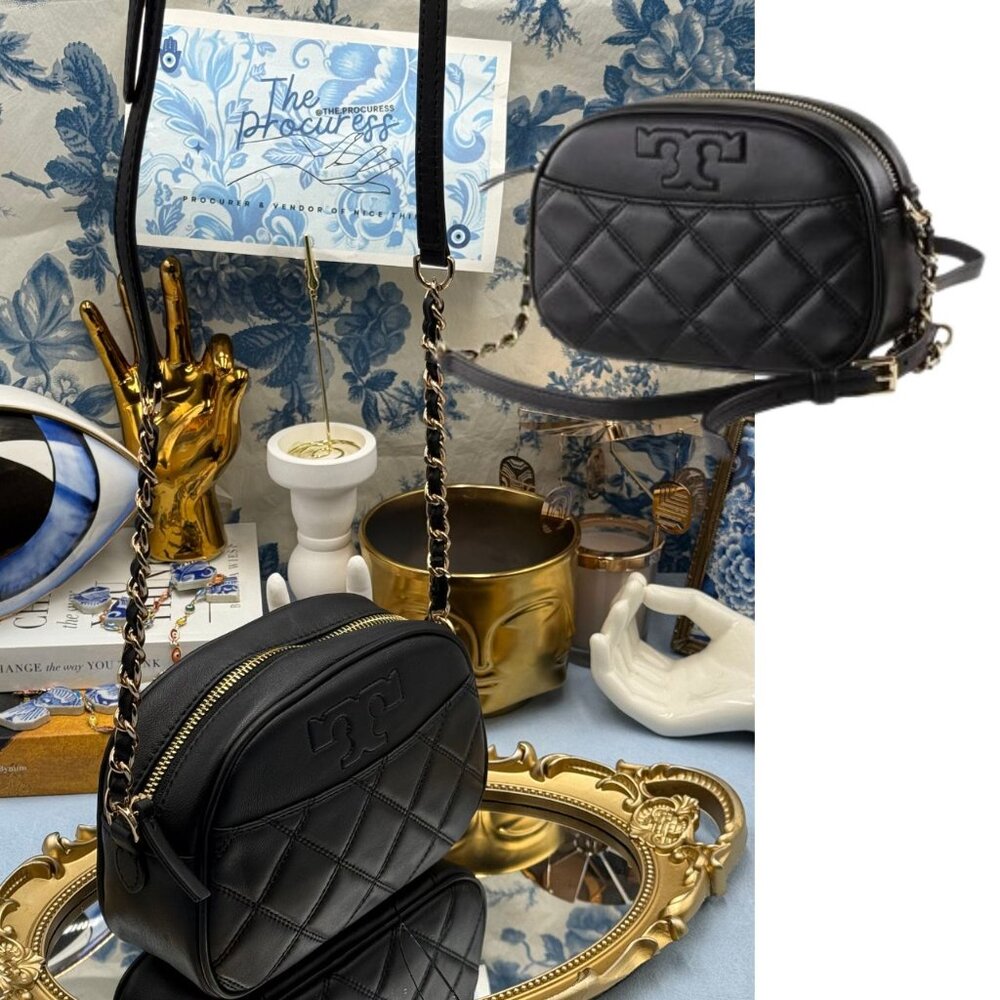 🆕 TORY BURCH 🧿 NWOT Savannah Chain Link Camera Bag Black Leather AUTHENTICATED